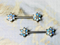 Pair of 14G Silver Illuminating Moonstone Flower Nipple Barbells. Nipple Rings. Nipple Jewelry. Nipple Piercing.