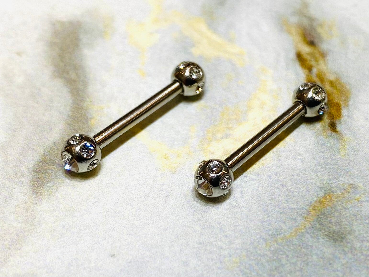 Pair of 14G Silver Nipple Barbells with Clear Stone Balls. Nipple Rings. Nipple Jewelry. Nipple Piercing.