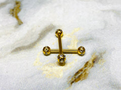 Pair of 14G Gold Nipple Barbells with Clear Stone Balls. Nipple Rings. Nipple Jewelry. Nipple Piercing.