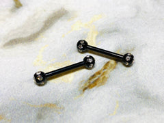 Pair of 14G Black Nipple Barbells with Clear Stone Balls. Nipple Rings. Nipple Jewelry. Nipple Piercing.