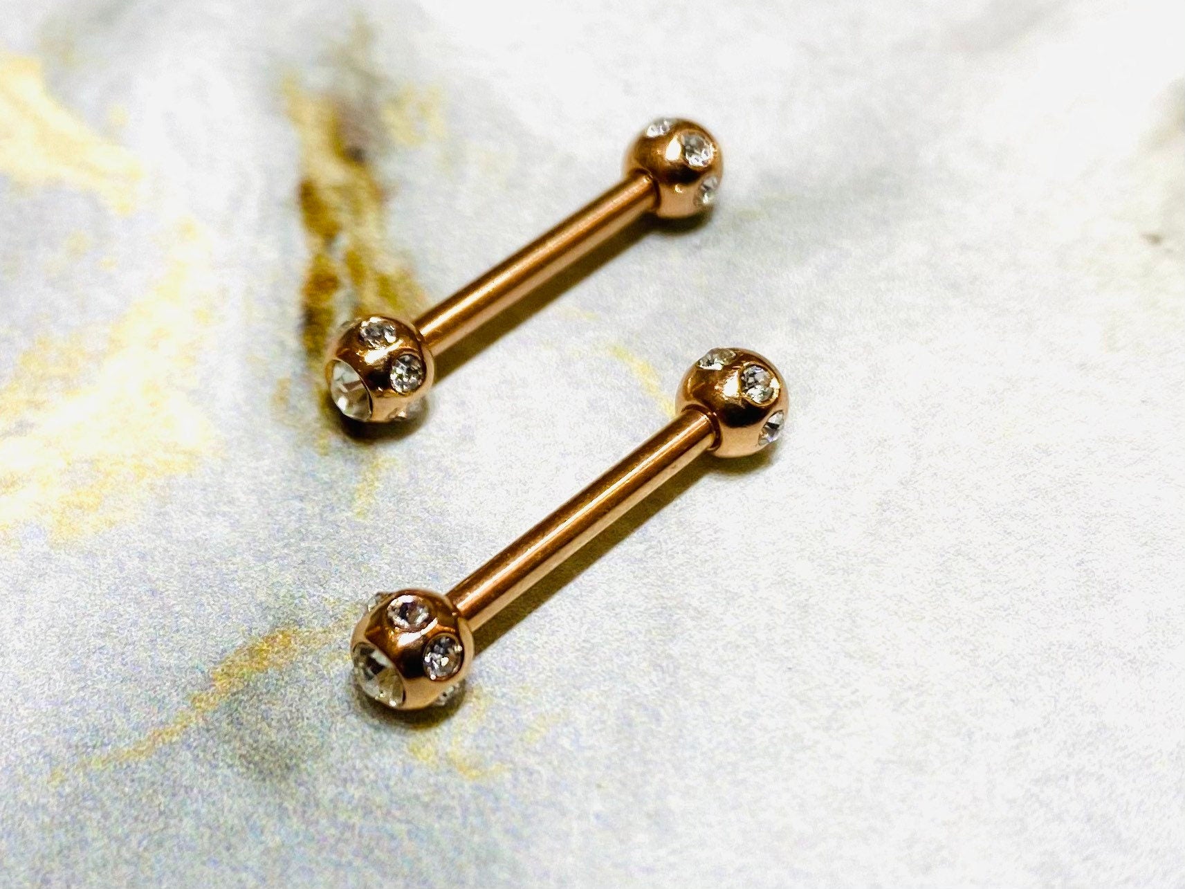 Pair of 14G Rose Gold Nipple Barbells with Clear Stone Balls. Nipple Rings. Nipple Jewelry. Nipple Piercing.