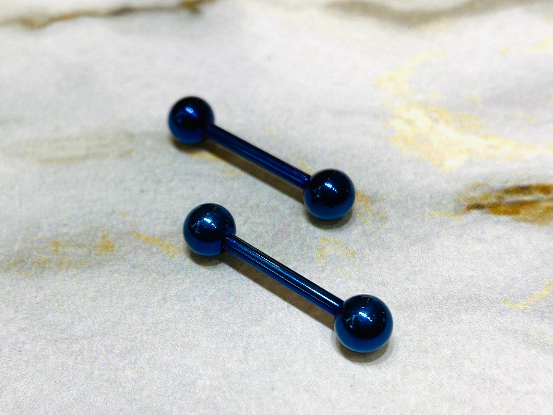 Pair of 14G Internally Threaded Implant Grade Titanium Plain Blue 12mm & 16mm Nipple Barbells. Nipple Rings. Nipple Jewelry. Nipple Piercing