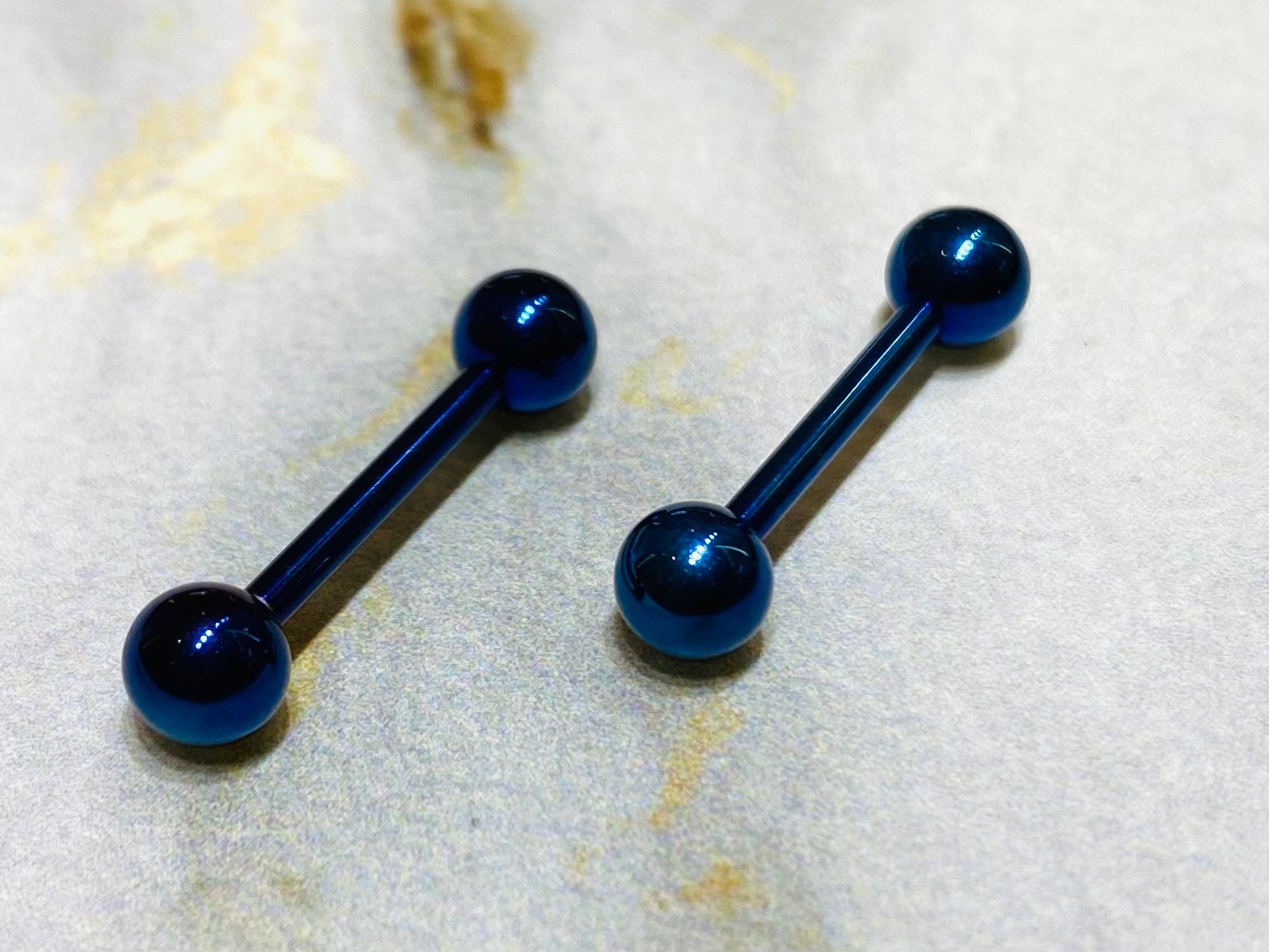 Pair of 14G Internally Threaded Implant Grade Titanium Plain Blue 12mm & 16mm Nipple Barbells. Nipple Rings. Nipple Jewelry. Nipple Piercing