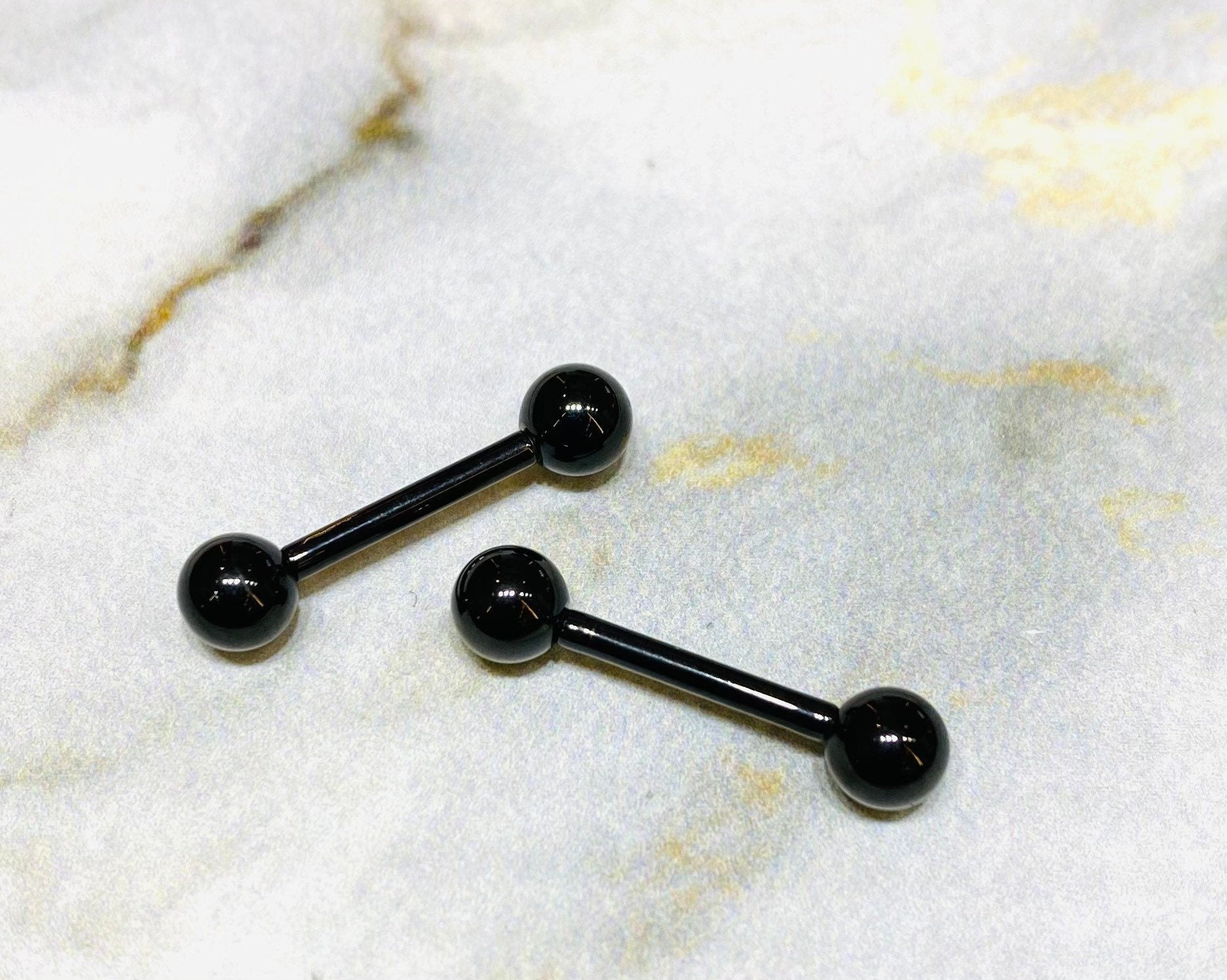 Pair of 14G Internally Threaded Implant Grade Titanium Plain Black Nipple Barbells. Nipple Rings. Nipple Jewelry. Nipple Piercing.