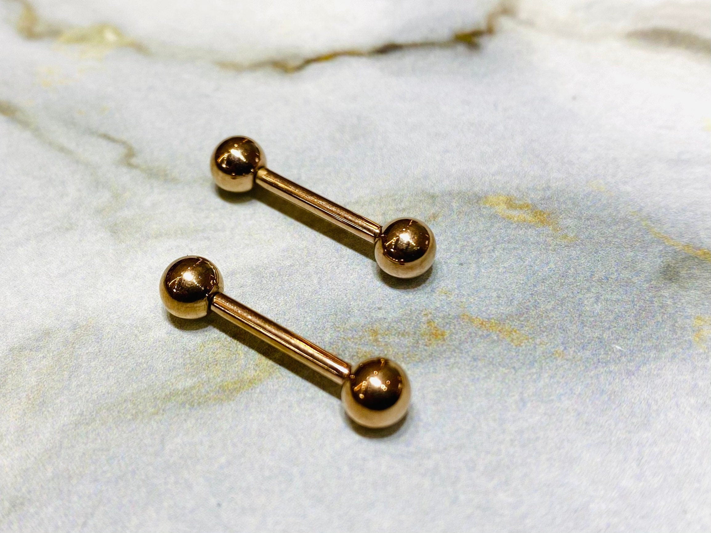 Pair of 14G Internally Threaded Implant Grade Titanium Rose Gold 12mm & 16mm Nipple Barbells. Nipple Rings. Nipple Jewelry. Nipple Piercing