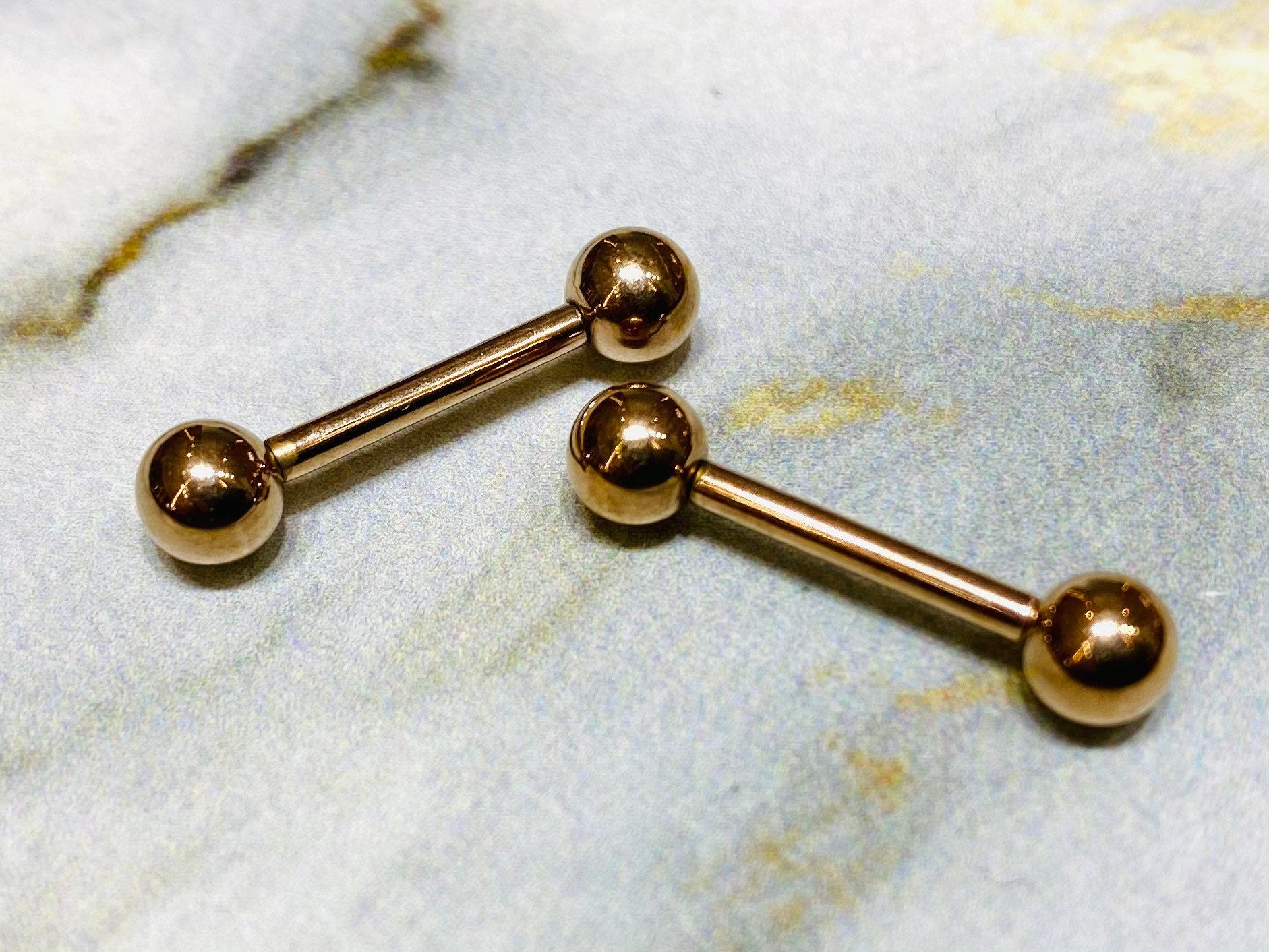 Pair of 14G Internally Threaded Implant Grade Titanium Rose Gold 12mm & 16mm Nipple Barbells. Nipple Rings. Nipple Jewelry. Nipple Piercing