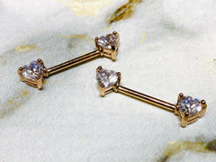 14G Prong Set Rose Gold Heart Shape Nipple Barbells. Nipple Piercings. Nipple Rings. Nipple Jewelry