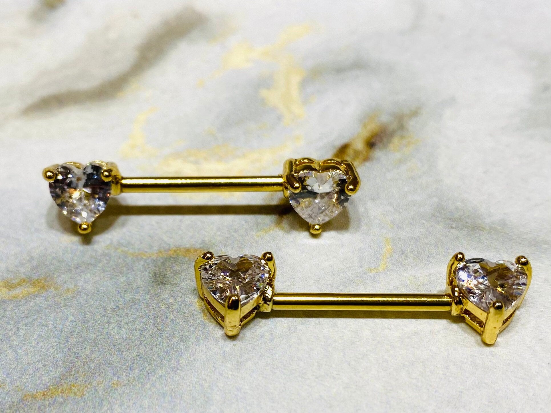 14G Prong Set Gold Heart Shape Nipple Barbells. Nipple Piercings. Nipple Rings. Nipple Jewelry