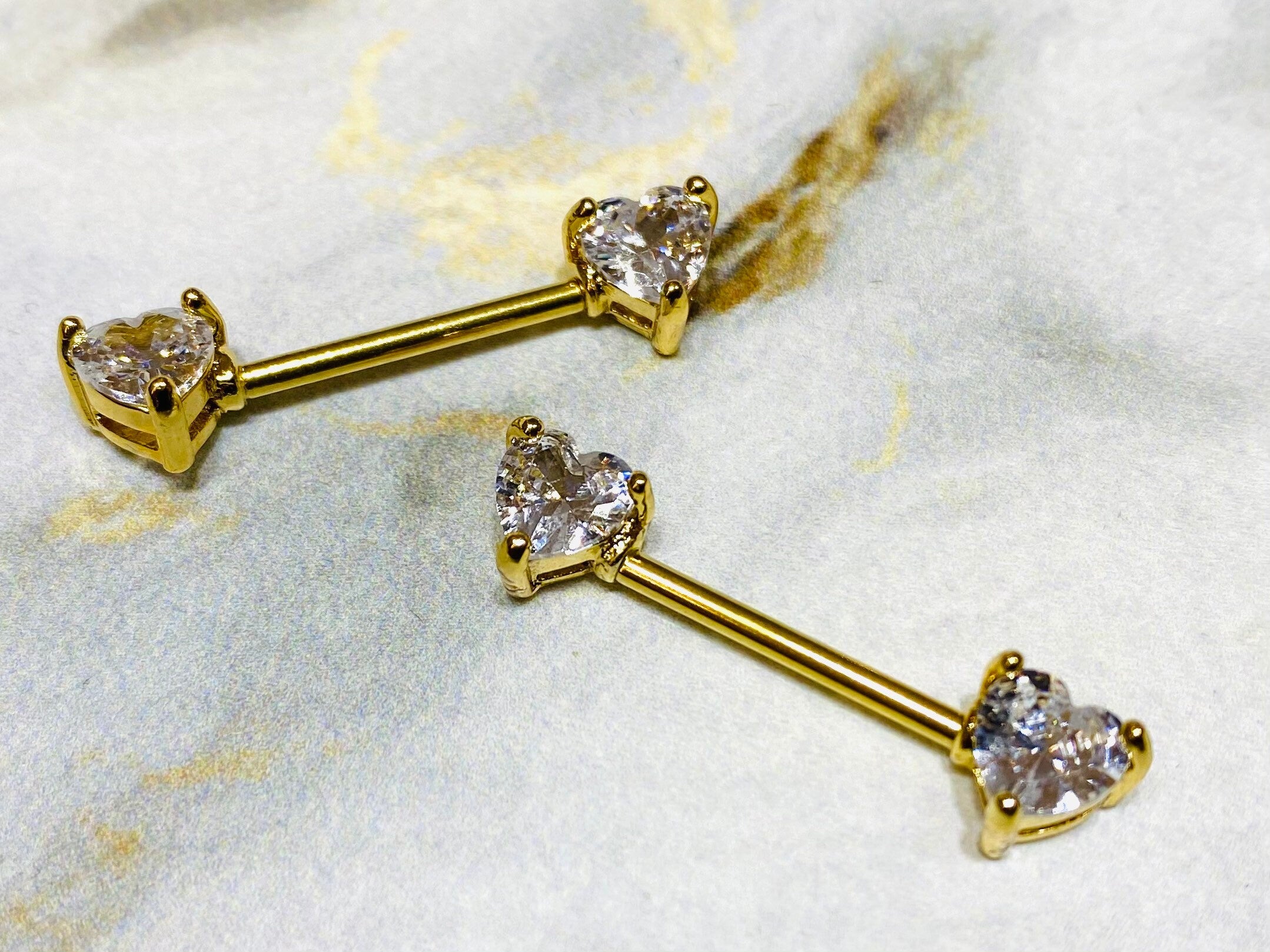 14G Prong Set Gold Heart Shape Nipple Barbells. Nipple Piercings. Nipple Rings. Nipple Jewelry