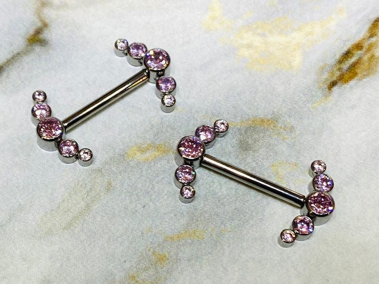 Pair of Implant Grade Titanium Internally Threaded Bezel Setting Pink Sparkling Stones Nipple Barbells. Nipple Piercing. Nipple Jewelry.