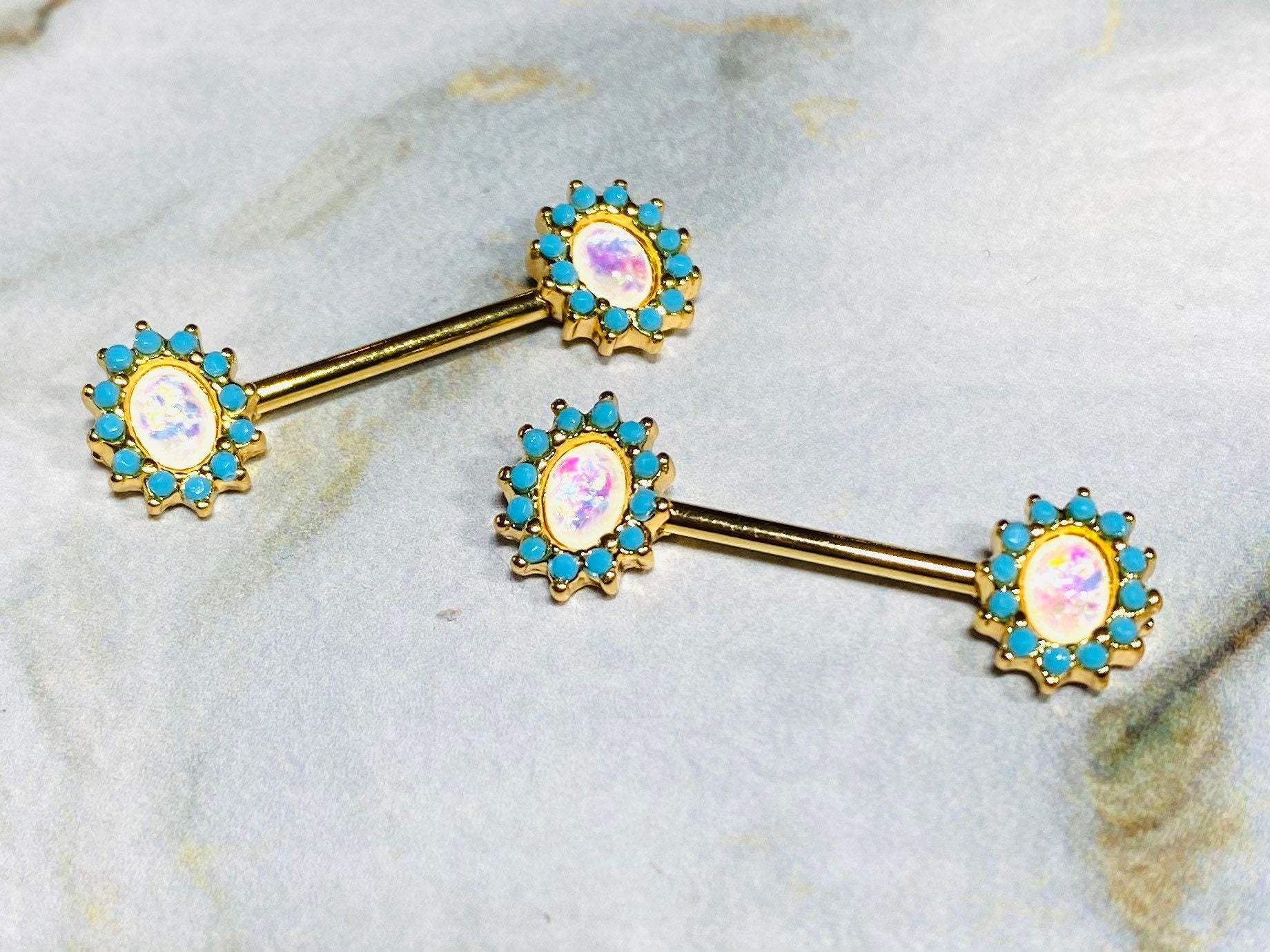 Pair of 14G Gold Elegant Opal with Turquoise Stone Nipple Barbells. Nipple Rings. Nipple Piercing. Nipple Jewelry