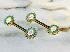 Pair of 14G Gold Elegant Opal with Turquoise Stone Nipple Barbells. Nipple Rings. Nipple Piercing. Nipple Jewelry