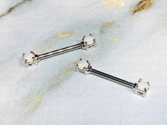 Pair of 14G Silver White Opal Gem Nipple Barbell. Nipple Piercings. Nipple Rings. Nipple Jewelry