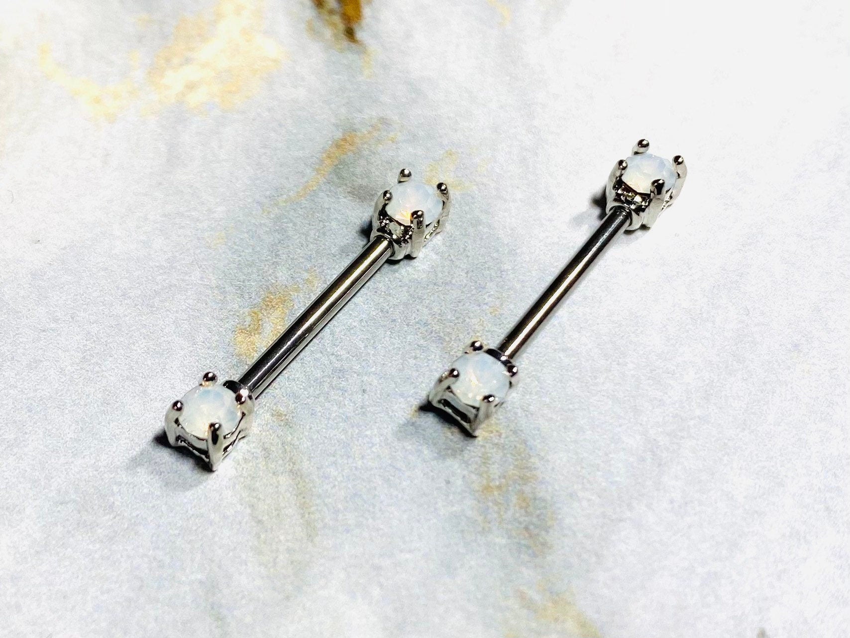 Pair of 14G Silver White Opal Gem Nipple Barbell. Nipple Piercings. Nipple Rings. Nipple Jewelry