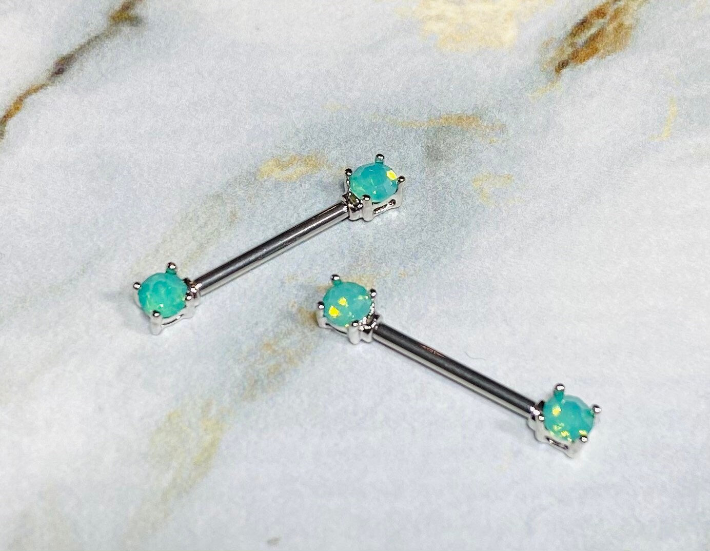 Pair of 14G Silver Pacific Opal Gem Nipple Barbells. Nipple Piercings. Nipple Rings. Nipple Jewelry