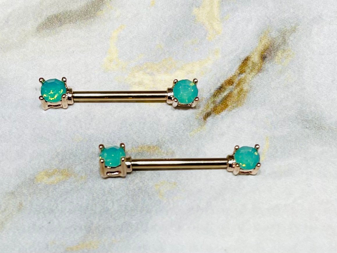 Pair of 14G Rose Gold Pacific Opal Gem Nipple Barbells. Nipple Piercings. Nipple Rings. Nipple Jewelry