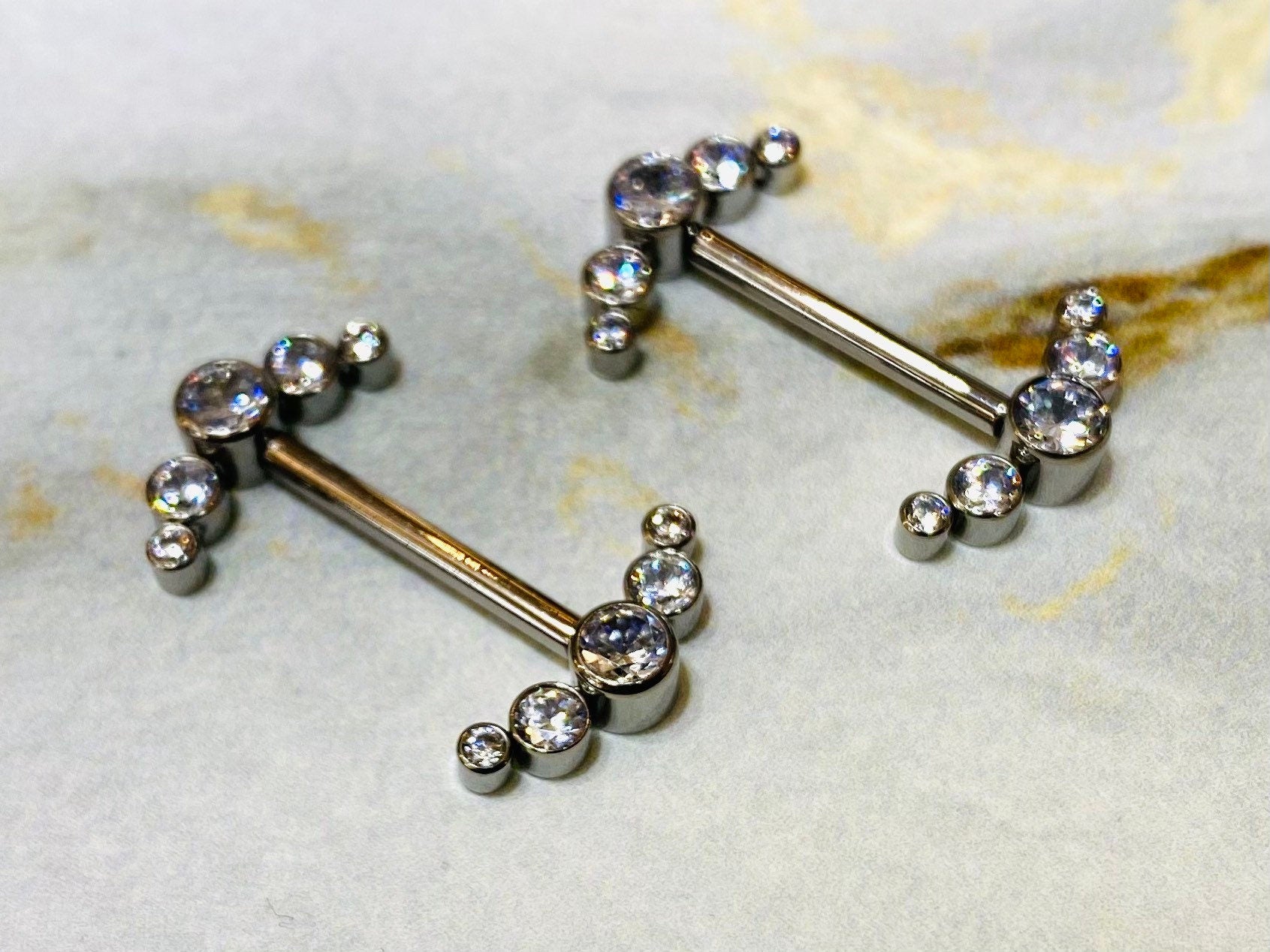 Pair of Implant Grade Titanium Internally Threaded Clear Sparkling Stones Nipple Barbells. Nipple Piercing. Nipple Jewelry.