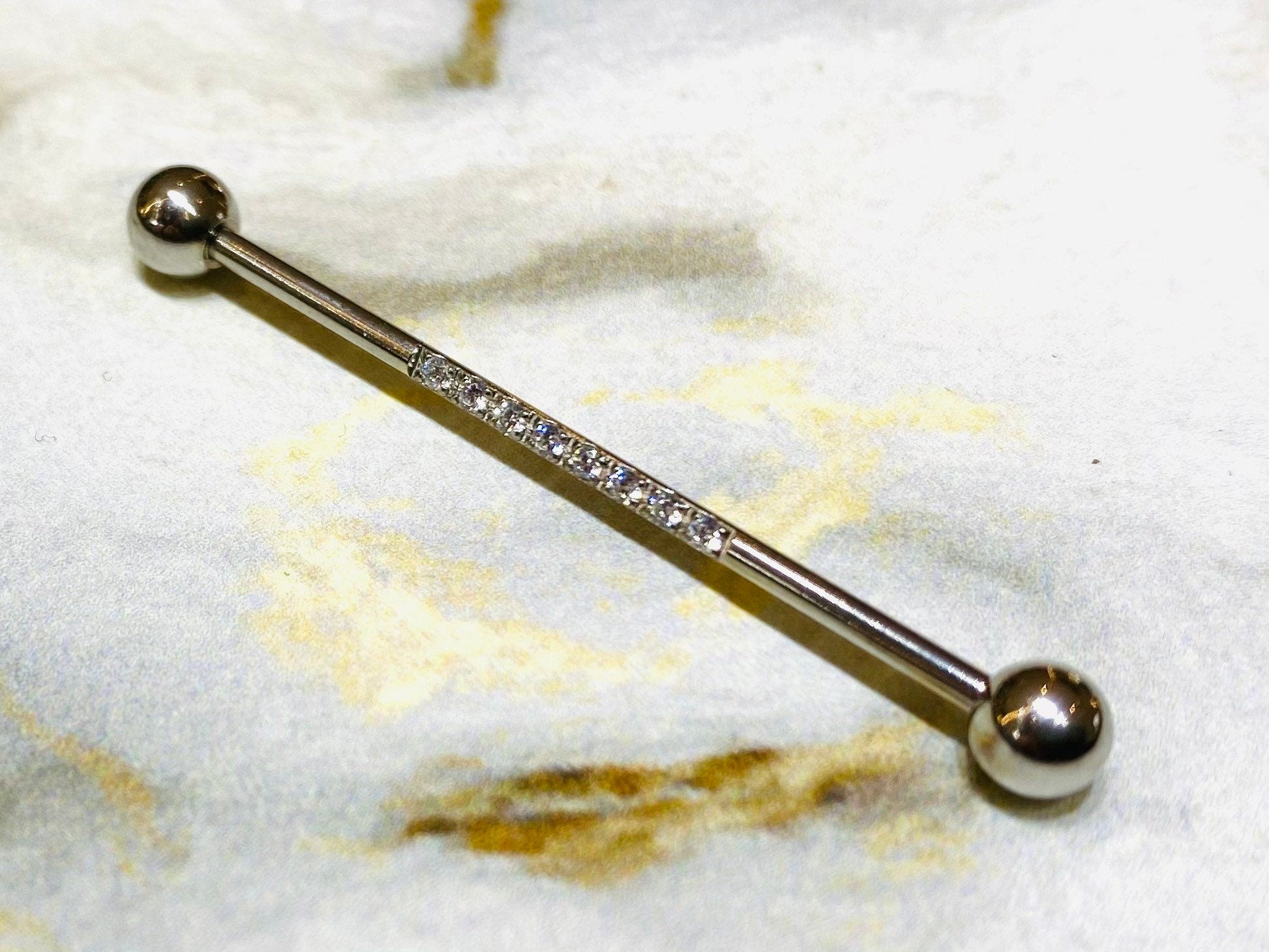 14G Silver Industrial Barbell with Sparkling Clear Stones. 38mm Length. Industrial Piercing. Industrial Bar. Ear Piercing. Body Jewelry