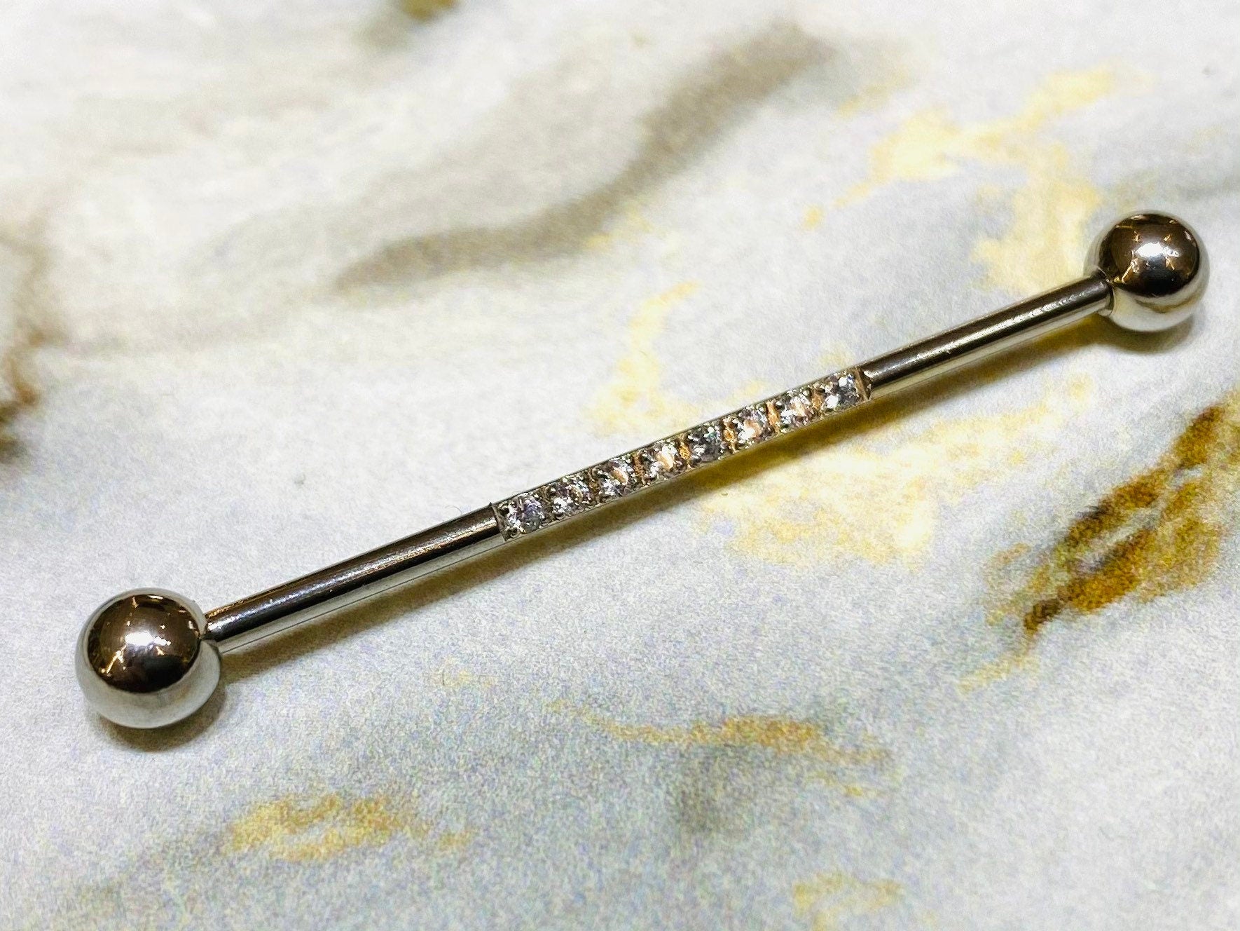 14G Silver Industrial Barbell with Sparkling Clear Stones. 38mm Length. Industrial Piercing. Industrial Bar. Ear Piercing. Body Jewelry