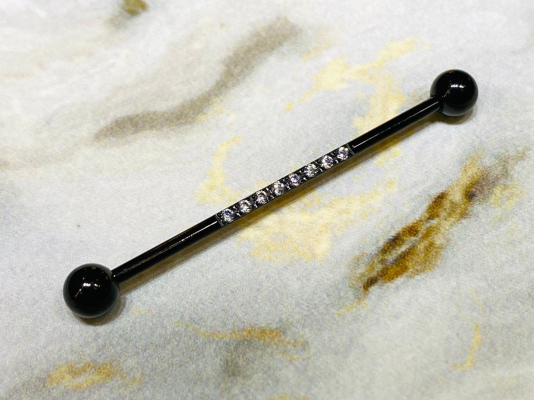 14G Black Industrial Barbell with Sparkling Clear Stones. 38mm Length. Industrial Piercing. Industrial Bar. Ear Piercing. Body Jewelry