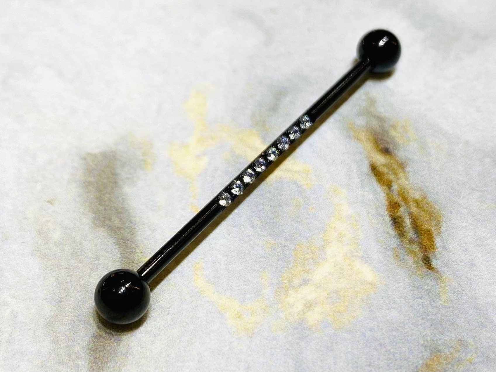 14G Black Industrial Barbell with Sparkling Clear Stones. 38mm Length. Industrial Piercing. Industrial Bar. Ear Piercing. Body Jewelry