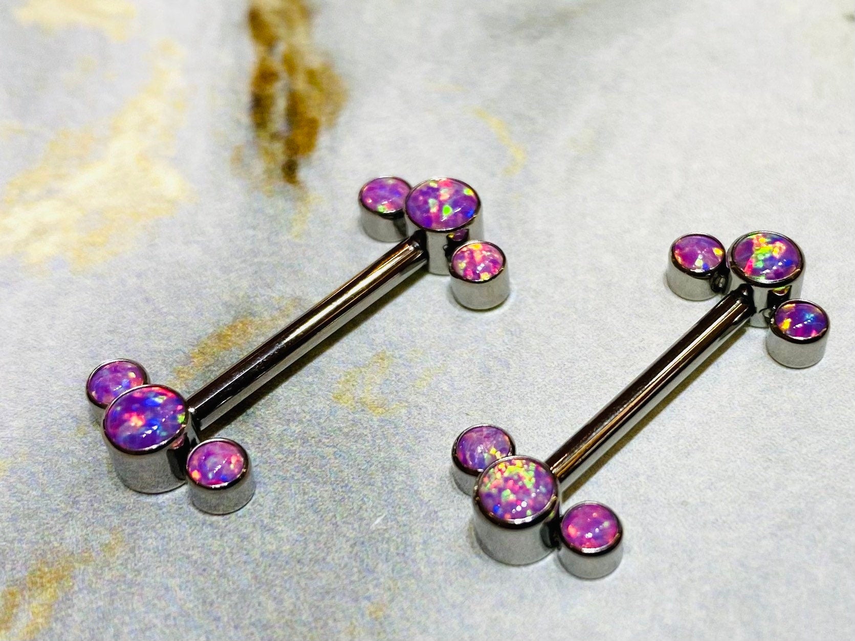 Pair of 14G Implant Grade Titanium Internally Threaded Pink Opal Nipple Barbells. Nipple Piercing. Nipple Jewelry. Nipple Barbells