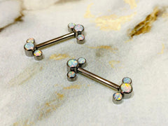 Pair of 14G Implant Grade Titanium Internally Threaded White Opal Nipple Barbells. Nipple Piercing. Nipple Jewelry. Nipple Barbells