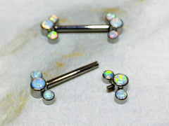 Pair of 14G Implant Grade Titanium Internally Threaded White Opal Nipple Barbells. Nipple Piercing. Nipple Jewelry. Nipple Barbells