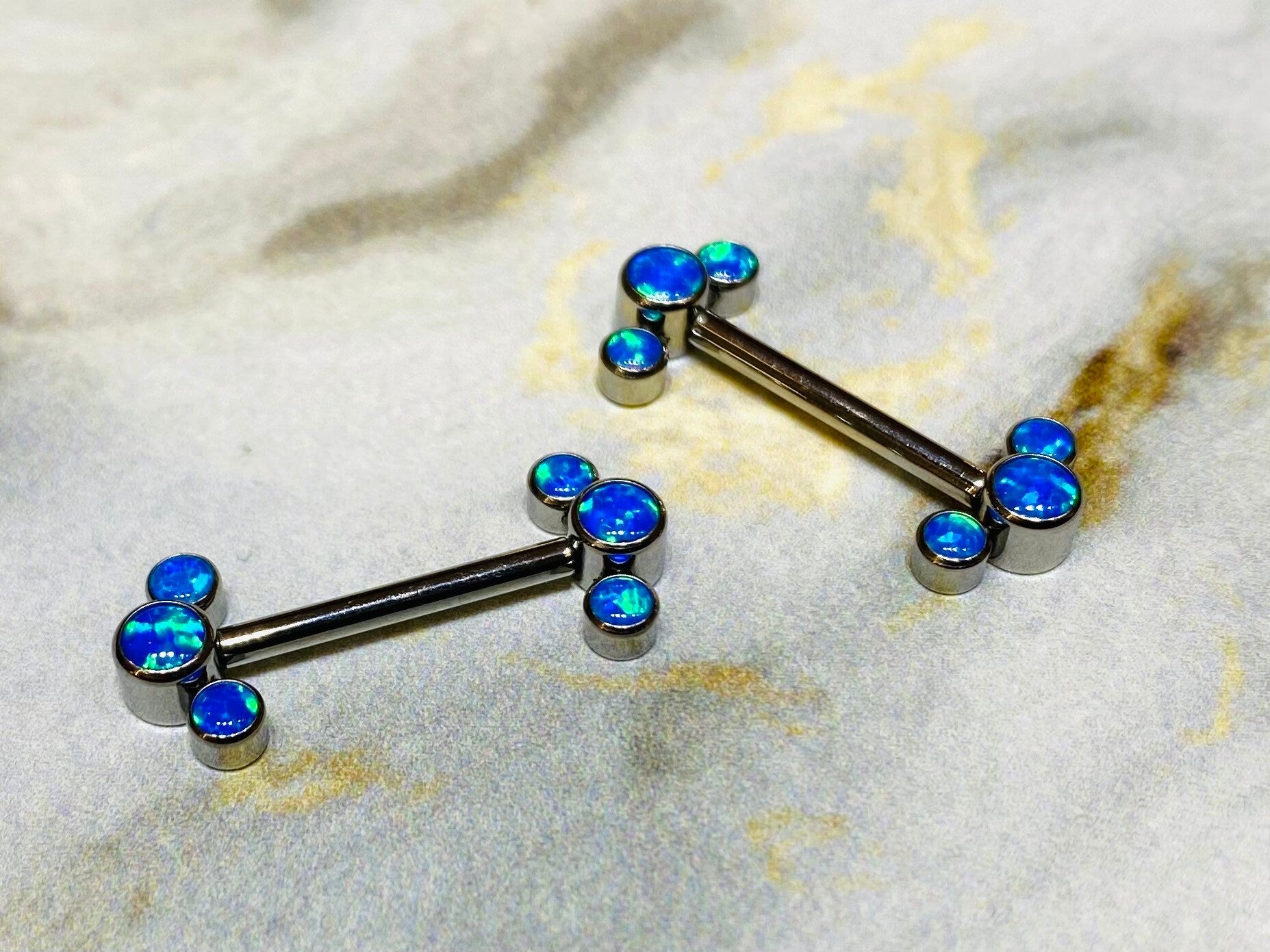 Pair of 14G Implant Grade Titanium Internally Threaded Blue Opal Nipple Barbells. Nipple Piercing. Nipple Jewelry. Nipple Barbells