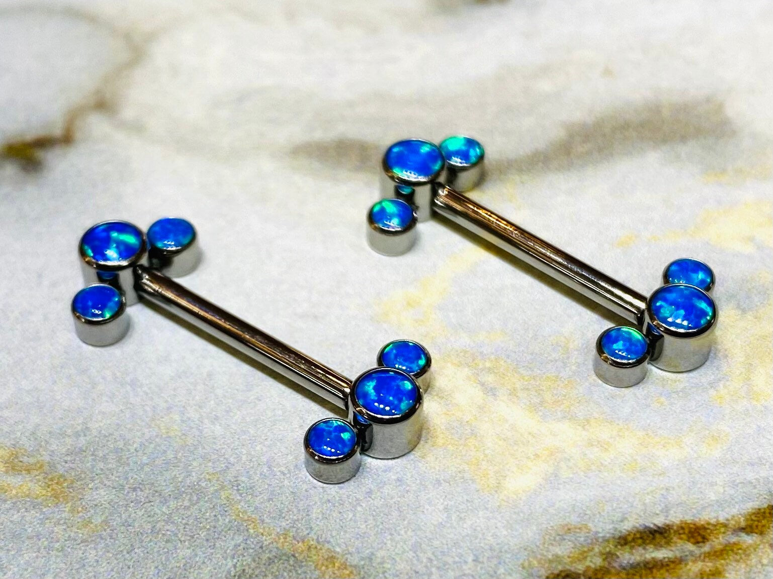 Pair of 14G Implant Grade Titanium Internally Threaded Blue Opal Nipple Barbells. Nipple Piercing. Nipple Jewelry. Nipple Barbells