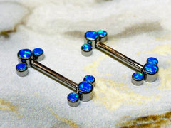 Pair of 14G Implant Grade Titanium Internally Threaded Blue Opal Nipple Barbells. Nipple Piercing. Nipple Jewelry. Nipple Barbells