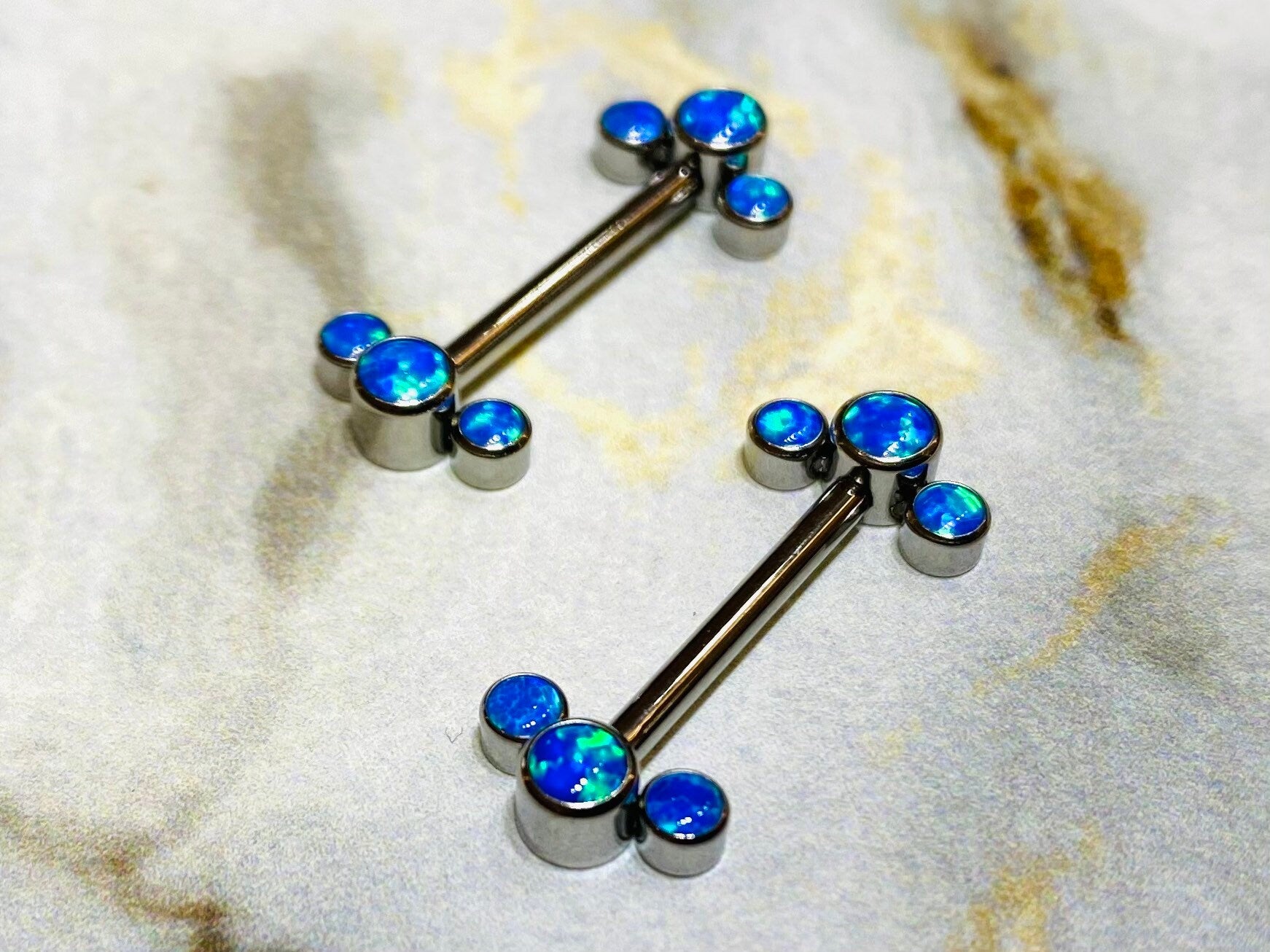 Pair of 14G Implant Grade Titanium Internally Threaded Blue Opal Nipple Barbells. Nipple Piercing. Nipple Jewelry. Nipple Barbells