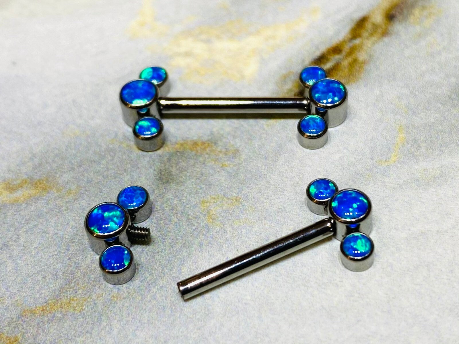 Pair of 14G Implant Grade Titanium Internally Threaded Blue Opal Nipple Barbells. Nipple Piercing. Nipple Jewelry. Nipple Barbells