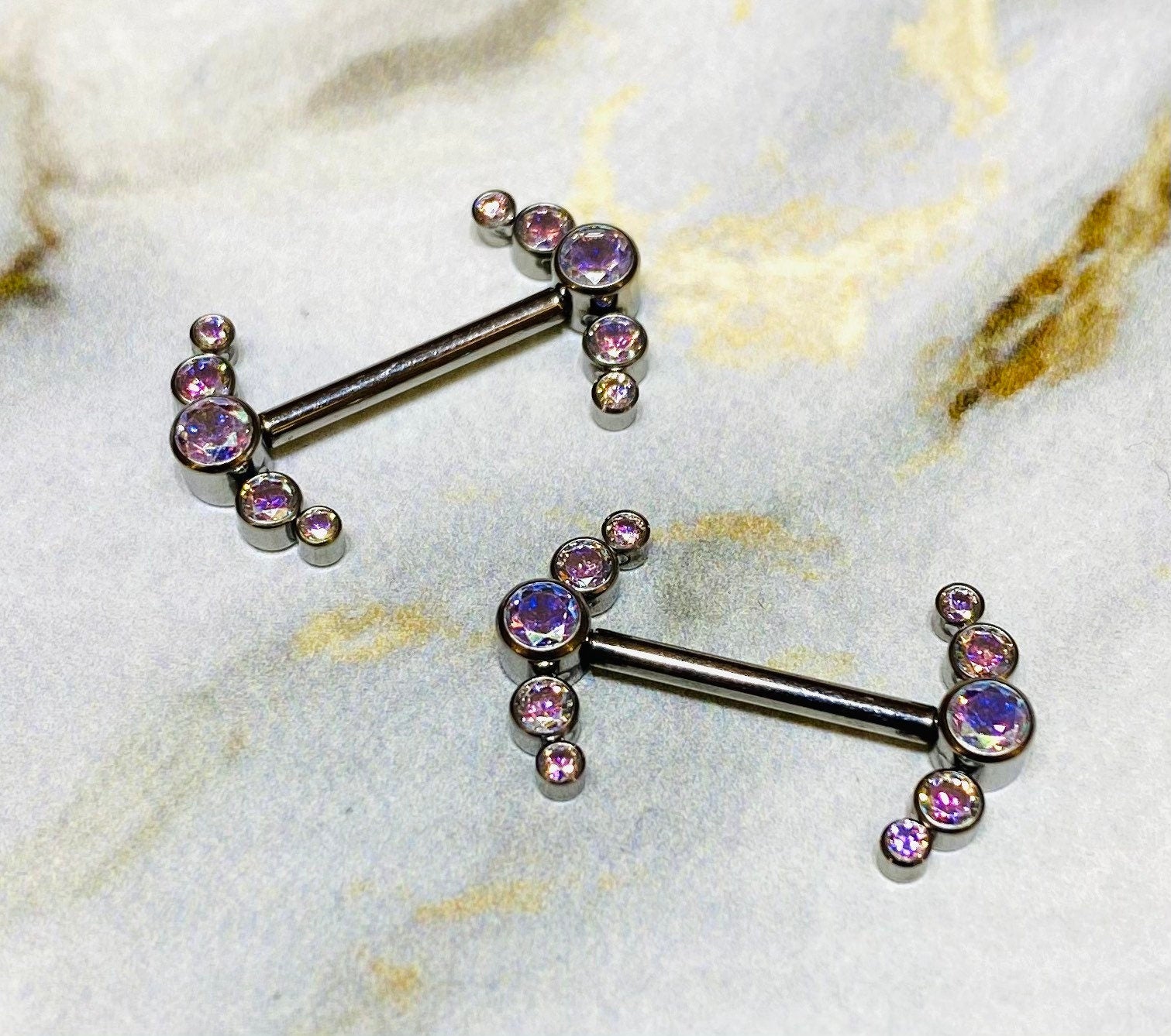 Pair of 14G Implant Grade Titanium Internally Threaded Multicolor Sparkling Stones Nipple Barbells. Nipple Piercing. Nipple Jewelry.