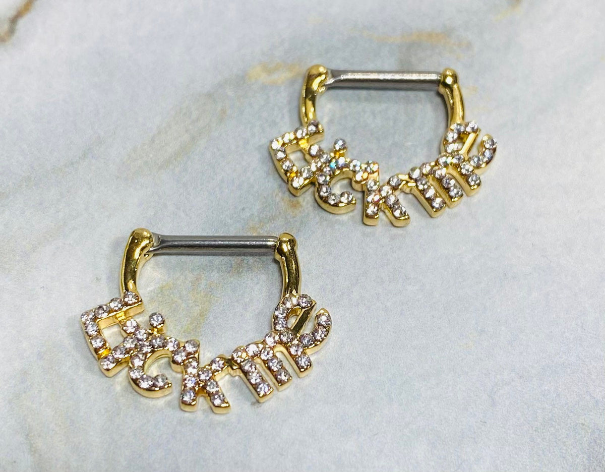 Pair of 14G Gold Sparkling Stones LICK ME Nipple Clickers Barbells. Nipple Rings. Nipple Jewelry. Nipple Piercing.