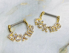 Pair of 14G Gold Sparkling Stones LICK ME Nipple Clickers Barbells. Nipple Rings. Nipple Jewelry. Nipple Piercing.