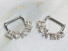 Pair of 14G Silver Sparkling Stones LICK ME Nipple Clickers Barbells. Nipple Rings. Nipple Jewelry. Nipple Piercing.