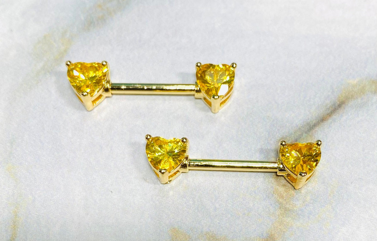 14G Prong Set Gold Heart Shape Yellow Stones Nipple Barbells. Nipple Piercings. Nipple Rings. Nipple Jewelry