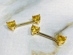 14G Prong Set Gold Heart Shape Yellow Stones Nipple Barbells. Nipple Piercings. Nipple Rings. Nipple Jewelry