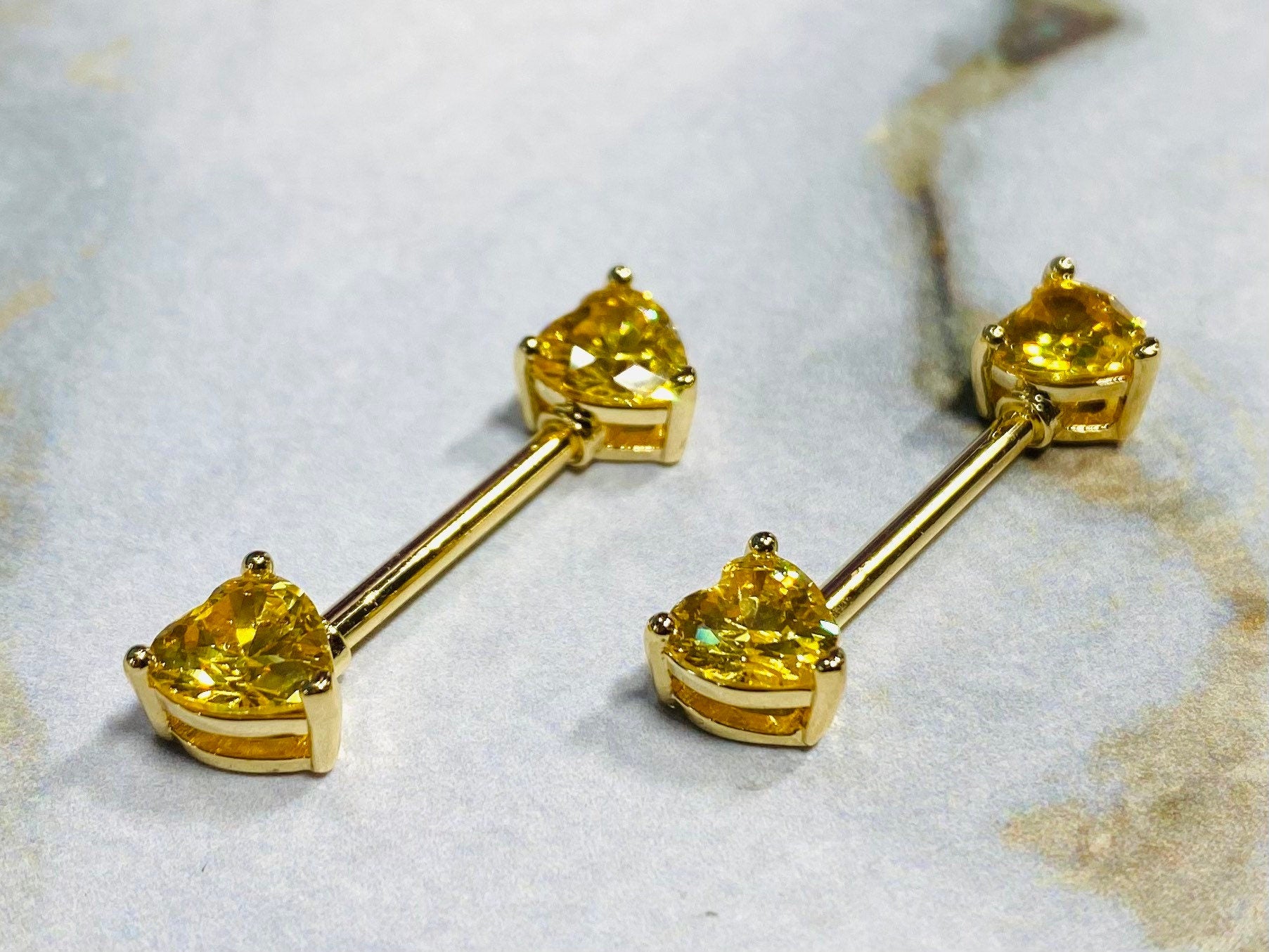 14G Prong Set Gold Heart Shape Yellow Stones Nipple Barbells. Nipple Piercings. Nipple Rings. Nipple Jewelry