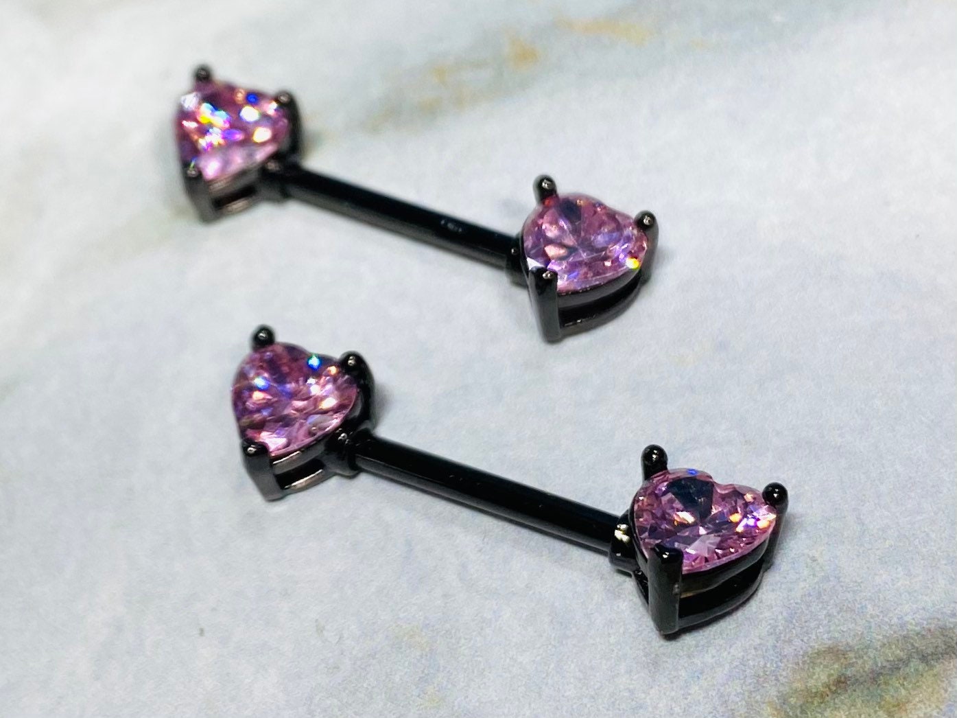 14G Prong Set Black Heart Shape Pink Stones Nipple Barbells. Nipple Piercings. Nipple Rings. Nipple Jewelry