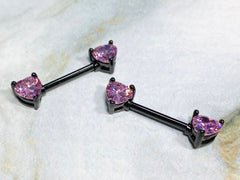 14G Prong Set Black Heart Shape Pink Stones Nipple Barbells. Nipple Piercings. Nipple Rings. Nipple Jewelry