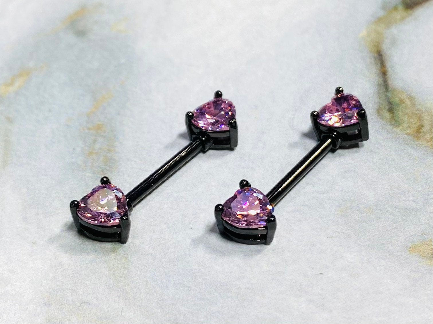 14G Prong Set Black Heart Shape Pink Stones Nipple Barbells. Nipple Piercings. Nipple Rings. Nipple Jewelry