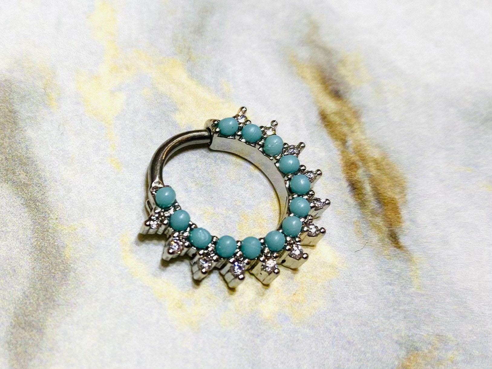 16G Turquoise with Clear Stones 10MM Bendable Septum Ring. Septum Piercing. Septum Ring. Septum Jewelry. Nose Piercing.