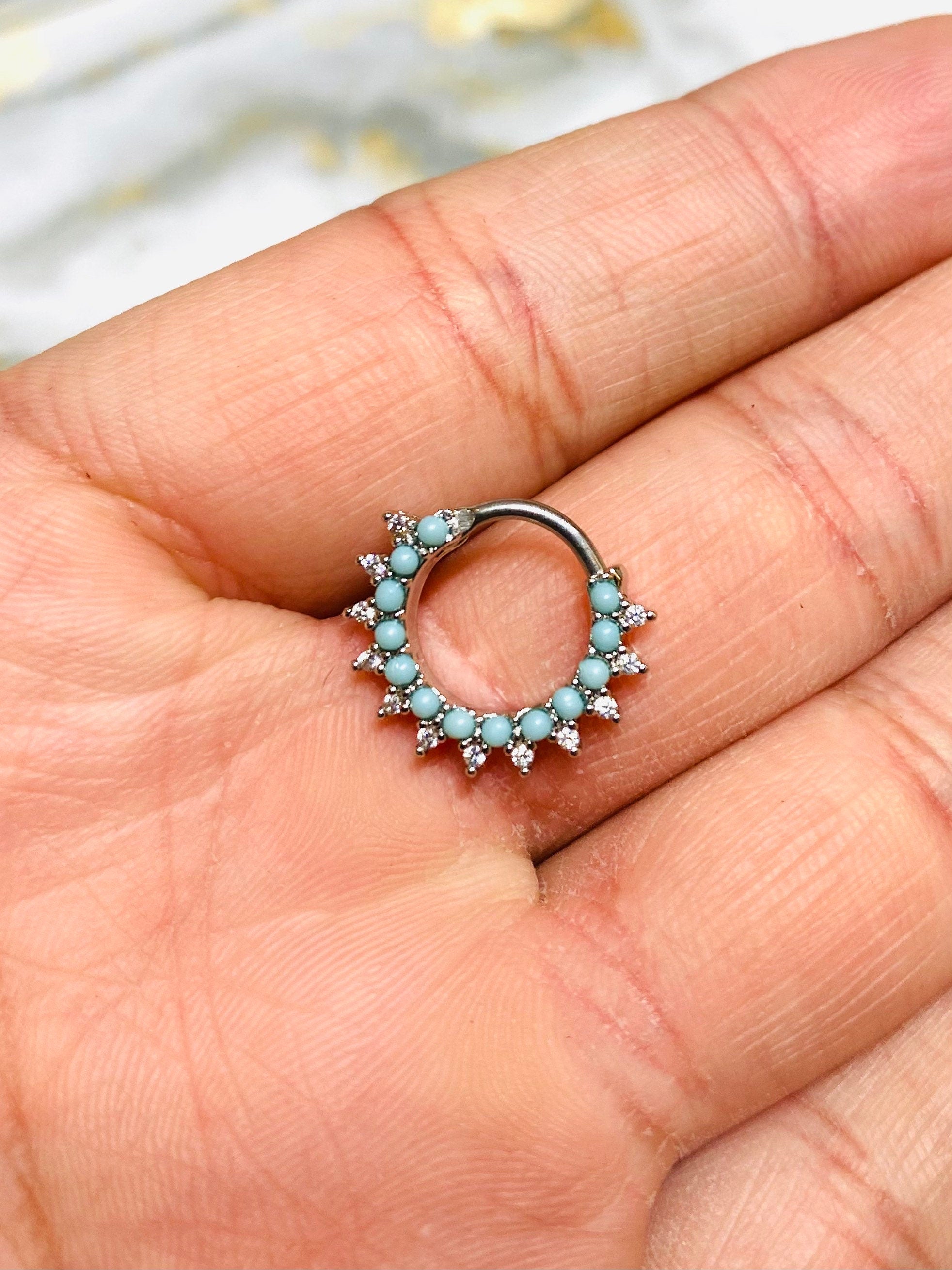 16G Turquoise with Clear Stones 10MM Bendable Septum Ring. Septum Piercing. Septum Ring. Septum Jewelry. Nose Piercing.