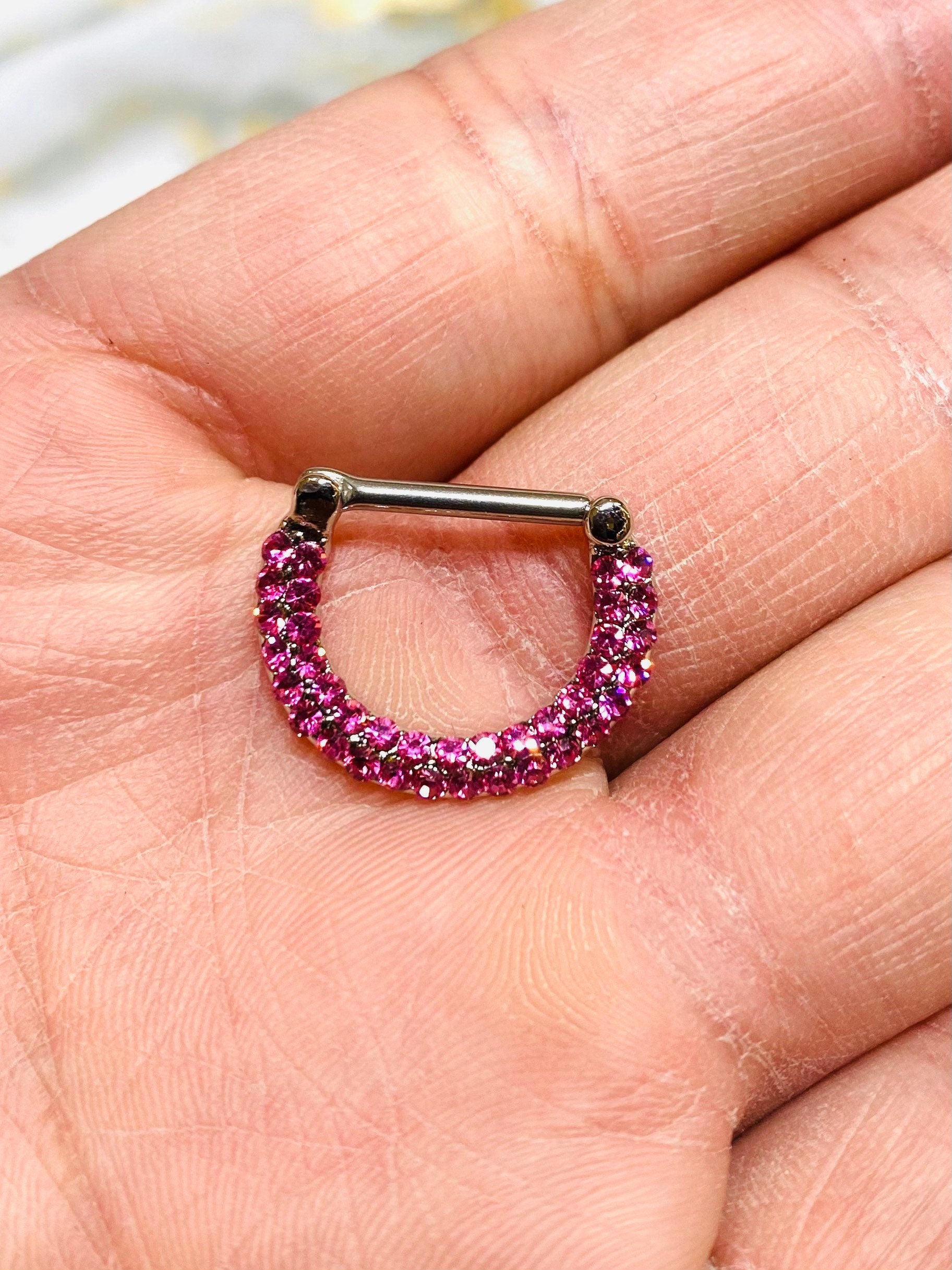 16G Double Line Pink Stones 12MM Hinged Septum Clicker Ring. Septum Piercing. Septum Jewelry. Septum Ring.