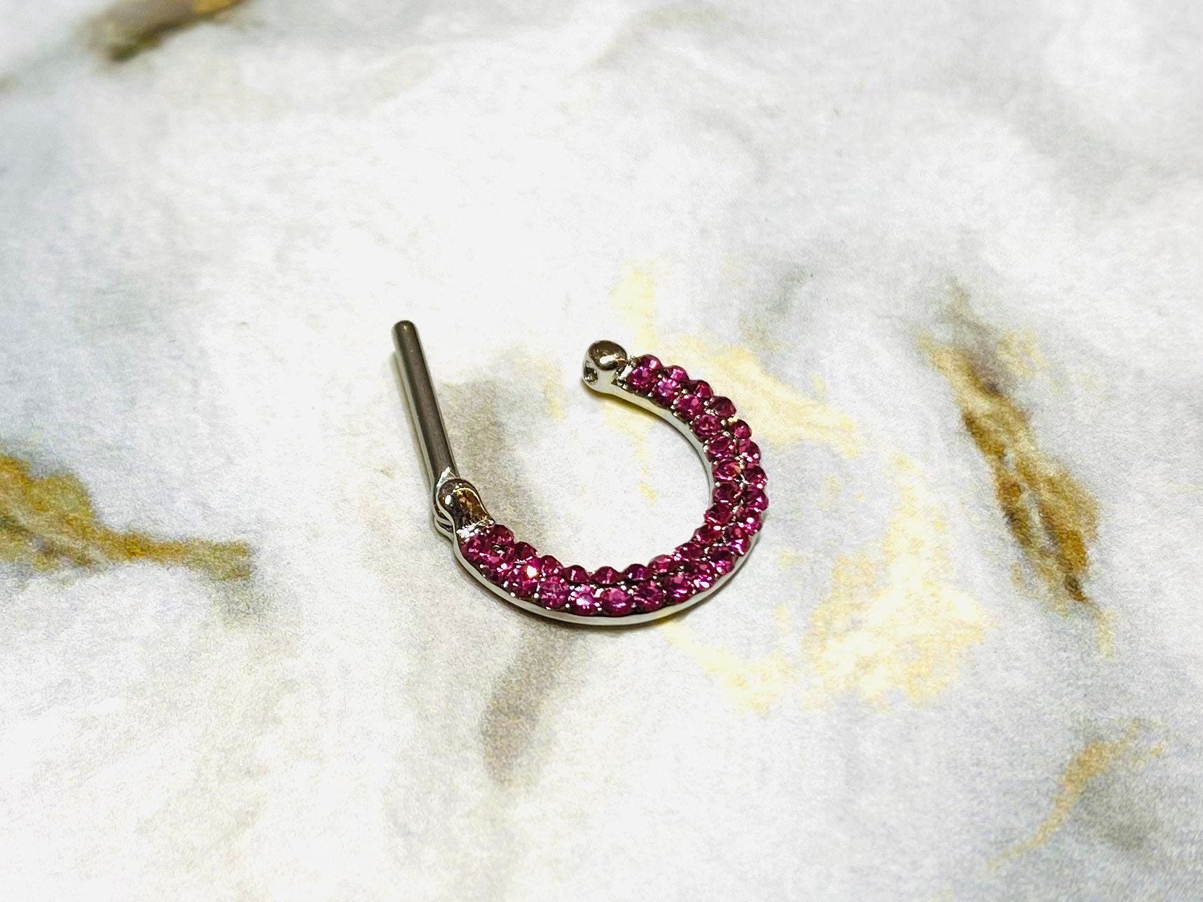 16G Double Line Pink Stones 12MM Hinged Septum Clicker Ring. Septum Piercing. Septum Jewelry. Septum Ring.