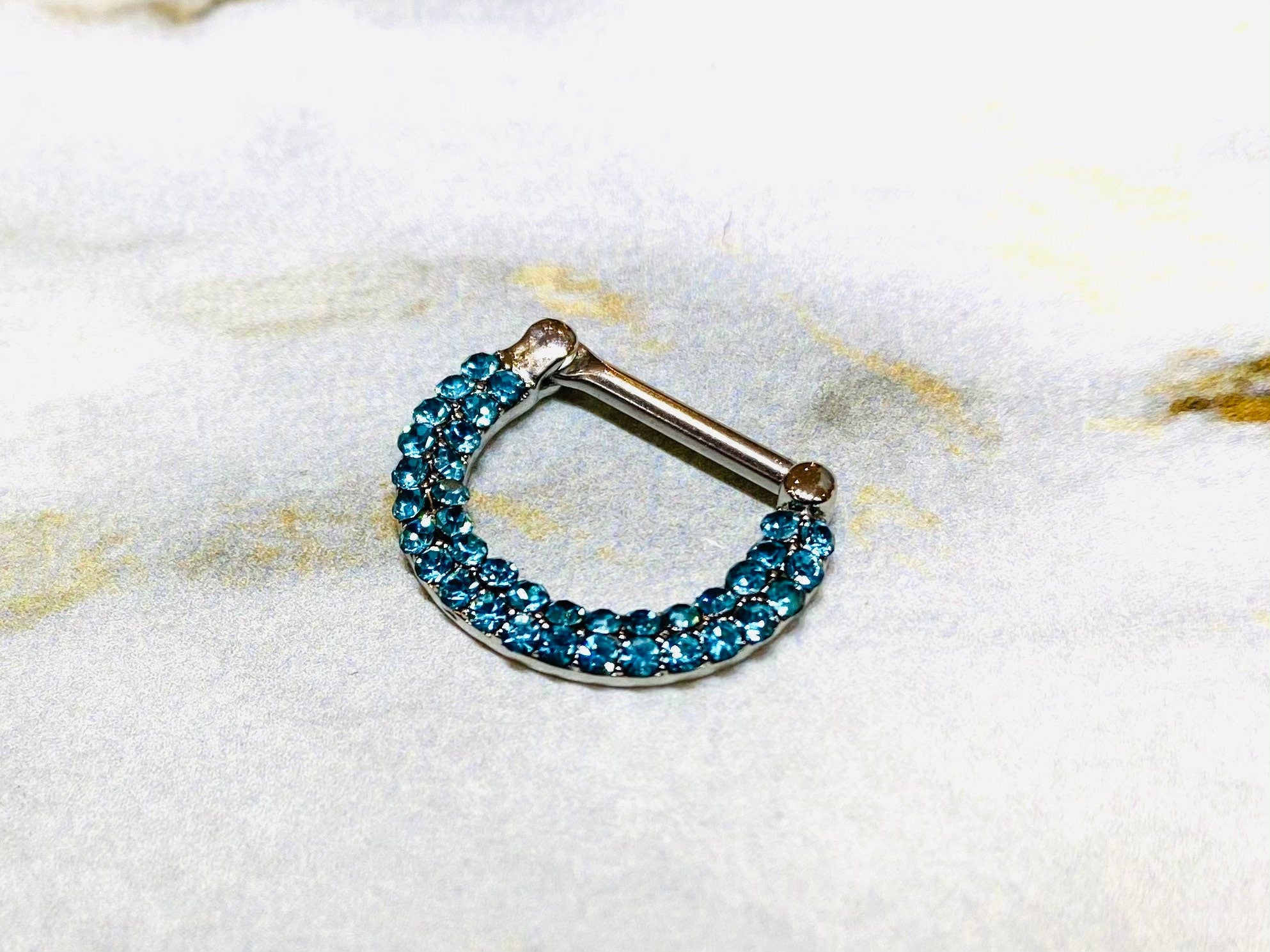 14G Double Line Aqua Stones 12MM Septum Clicker Ring. Septum Piercing. Septum Jewelry. Septum Ring. Nose Ring.