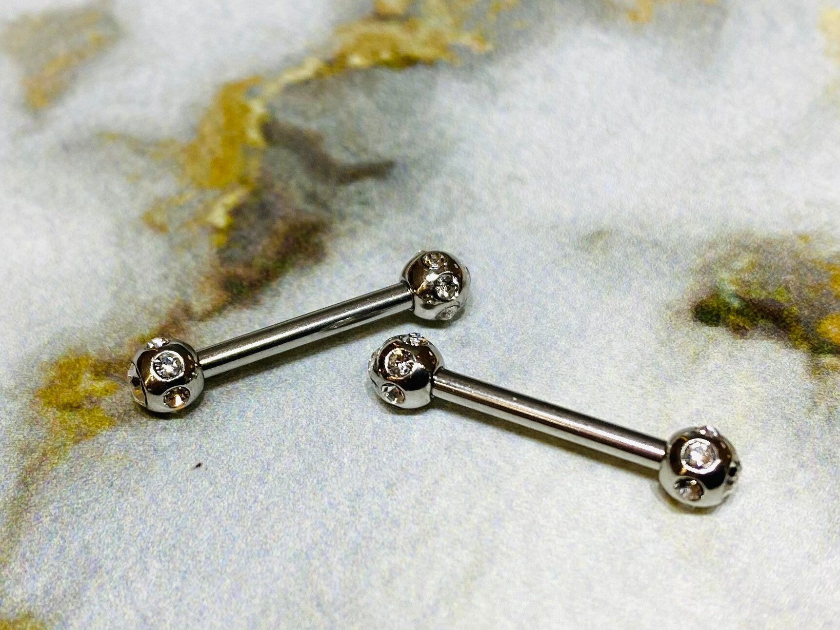 Pair of 14G Silver Nipple Barbells with Clear Stone Balls. Nipple Rings. Nipple Jewelry. Nipple Piercing.