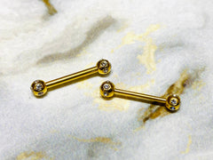 Pair of 14G Gold Nipple Barbells with Clear Stone Balls. Nipple Rings. Nipple Jewelry. Nipple Piercing.